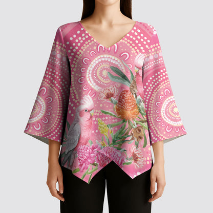 Personalized Pink Galah Aboriginal Dot Art Kimono Sleeve Blouse Australia’s Breast Cancer Support