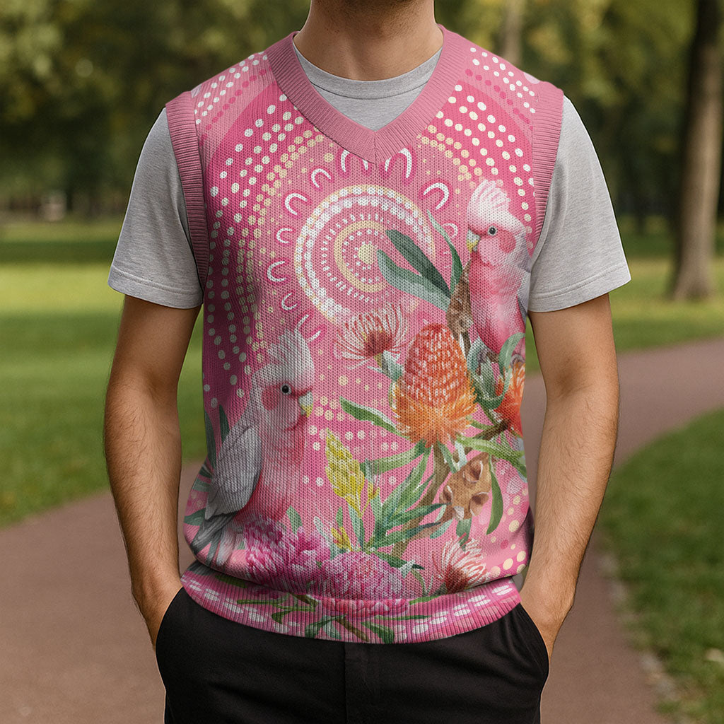 Personalized Pink Galah Aboriginal Dot Art Christmas Knitted V-Neck Vest Australia’s Breast Cancer Support