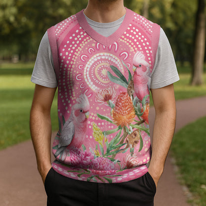 Personalized Pink Galah Aboriginal Dot Art Christmas Knitted V-Neck Vest Australia’s Breast Cancer Support