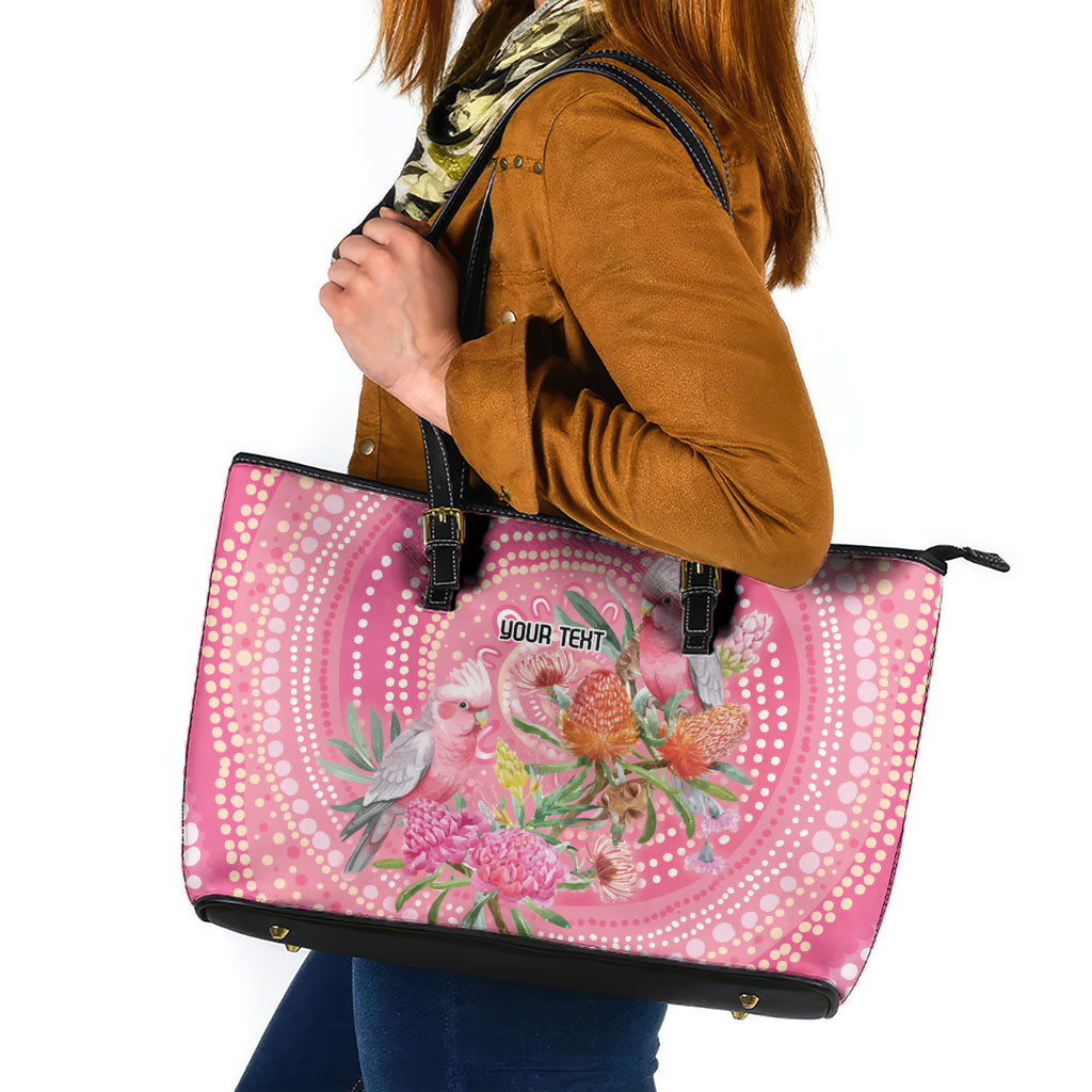 Personalized Pink Galah Aboriginal Dot Art Leather Tote Bag Australia’s Breast Cancer Support