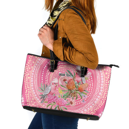 Personalized Pink Galah Aboriginal Dot Art Leather Tote Bag Australia’s Breast Cancer Support