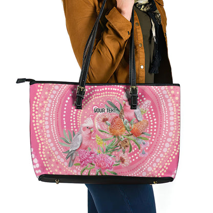 Personalized Pink Galah Aboriginal Dot Art Leather Tote Bag Australia’s Breast Cancer Support