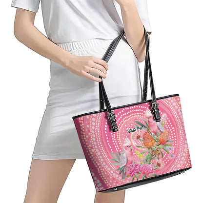 Personalized Pink Galah Aboriginal Dot Art Leather Tote Bag Australia’s Breast Cancer Support