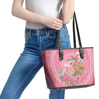 Personalized Pink Galah Aboriginal Dot Art Leather Tote Bag Australia’s Breast Cancer Support