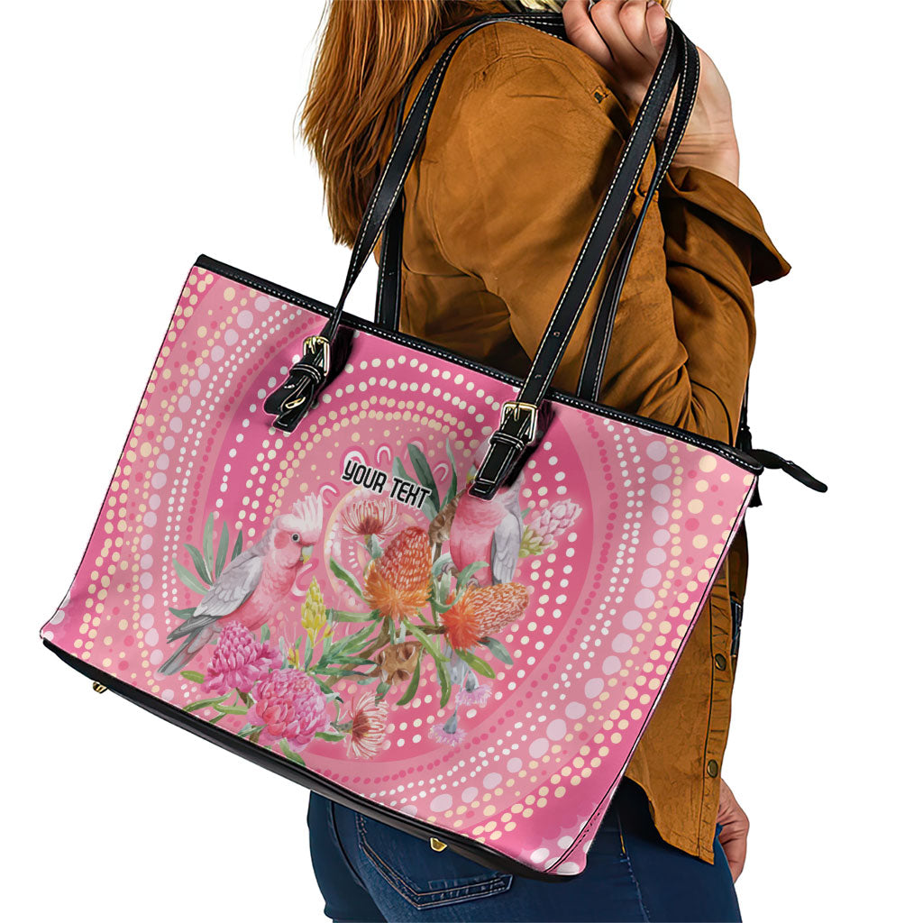 Personalized Pink Galah Aboriginal Dot Art Leather Tote Bag Australia’s Breast Cancer Support