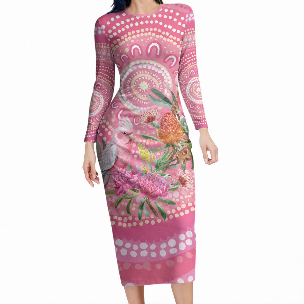Personalized Pink Galah Aboriginal Dot Art Long Sleeve Bodycon Dress Australia’s Breast Cancer Support