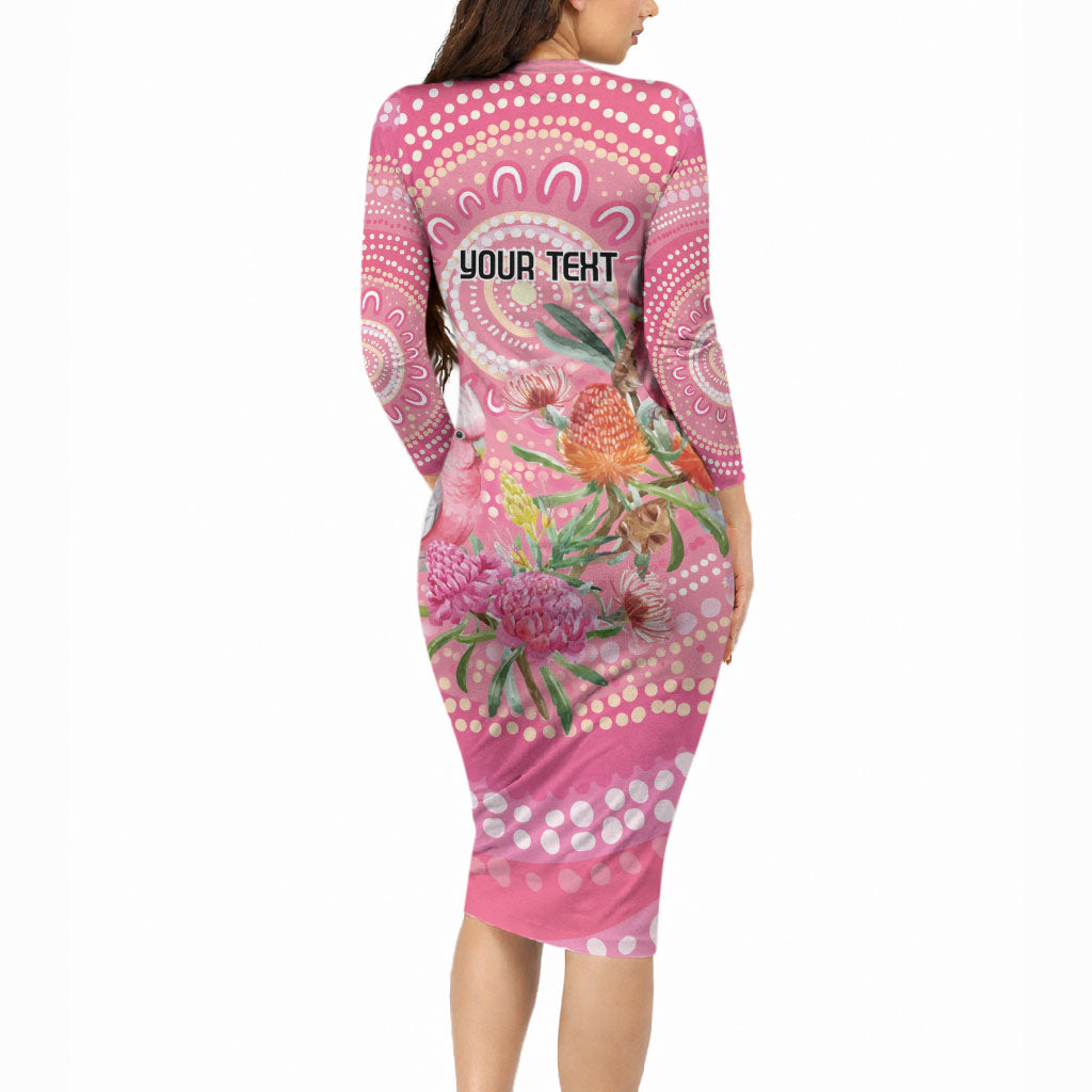 Personalized Pink Galah Aboriginal Dot Art Long Sleeve Bodycon Dress Australia’s Breast Cancer Support
