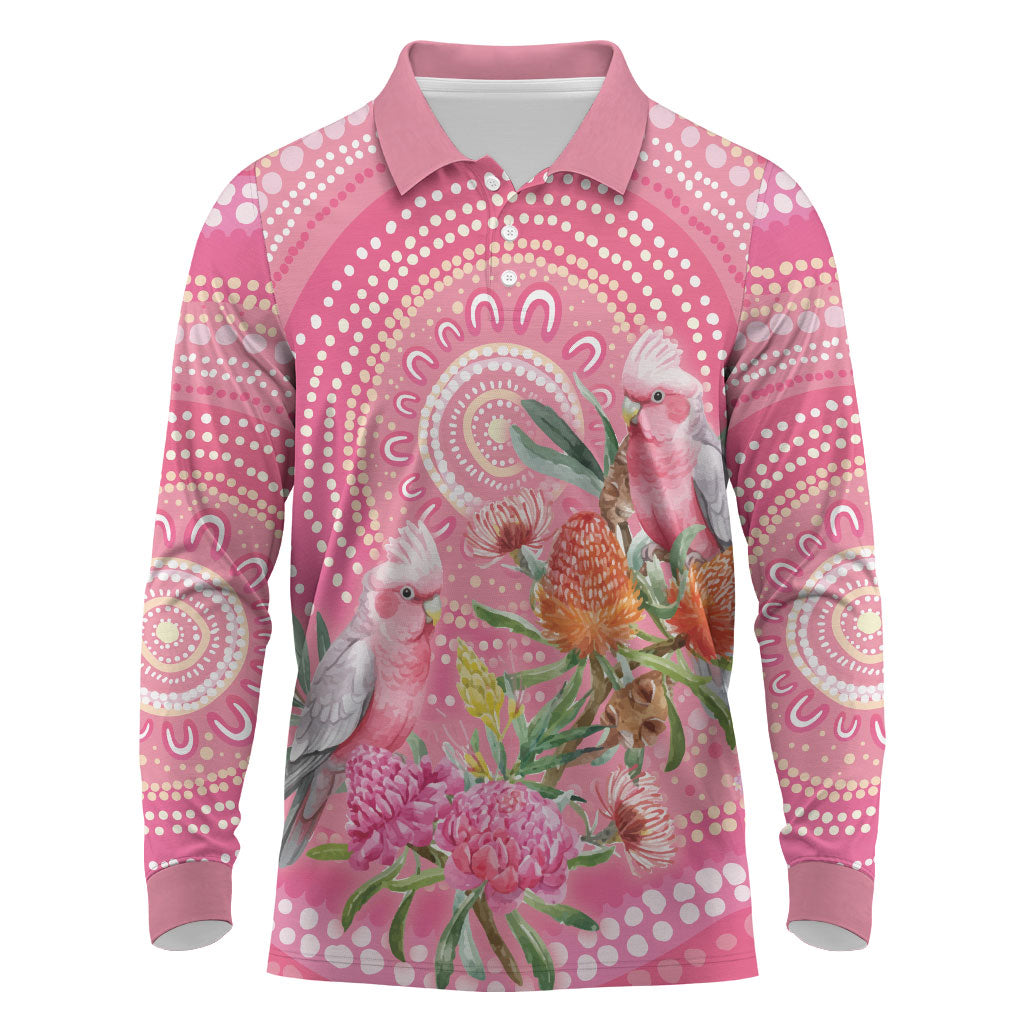 Personalized Pink Galah Aboriginal Dot Art Long Sleeve Polo Shirt Australia’s Breast Cancer Support