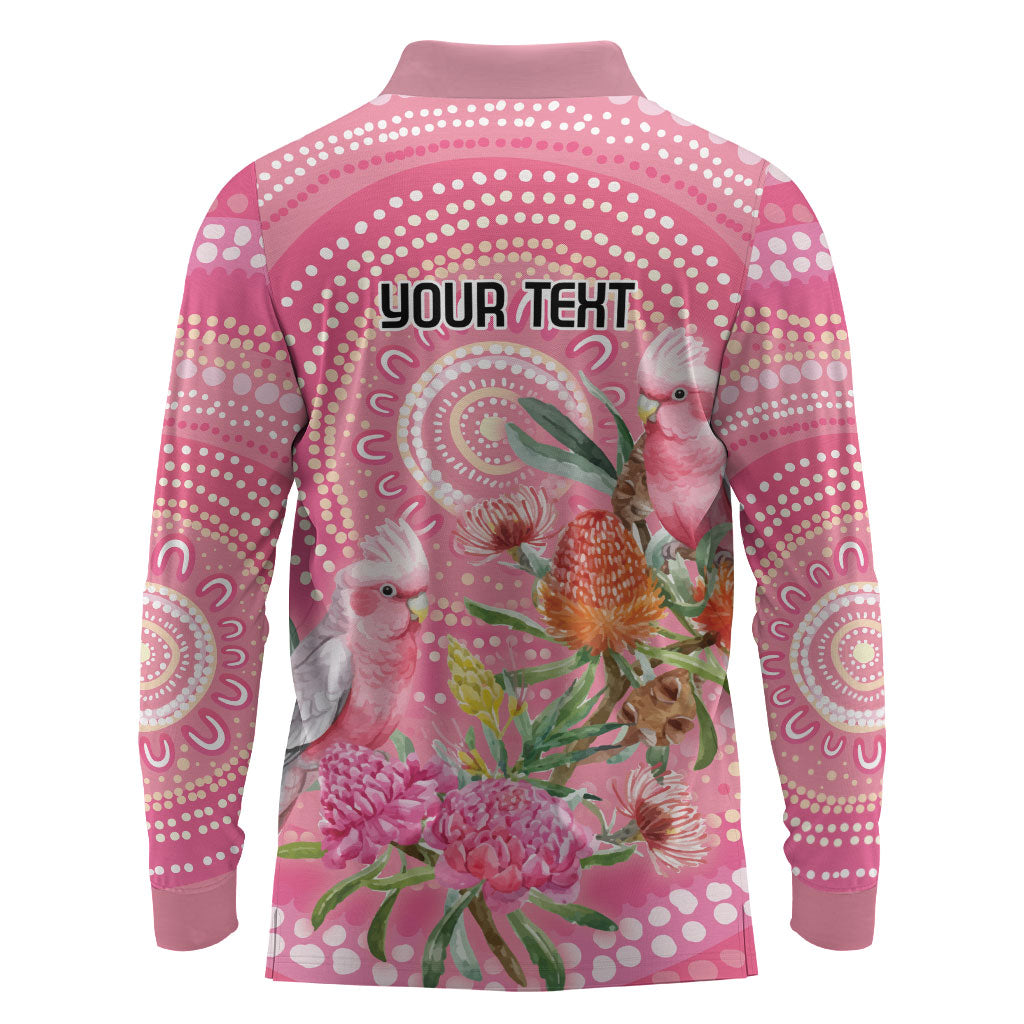 Personalized Pink Galah Aboriginal Dot Art Long Sleeve Polo Shirt Australia’s Breast Cancer Support