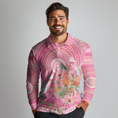 Personalized Pink Galah Aboriginal Dot Art Long Sleeve Polo Shirt Australia’s Breast Cancer Support