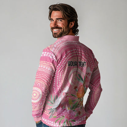 Personalized Pink Galah Aboriginal Dot Art Long Sleeve Polo Shirt Australia’s Breast Cancer Support