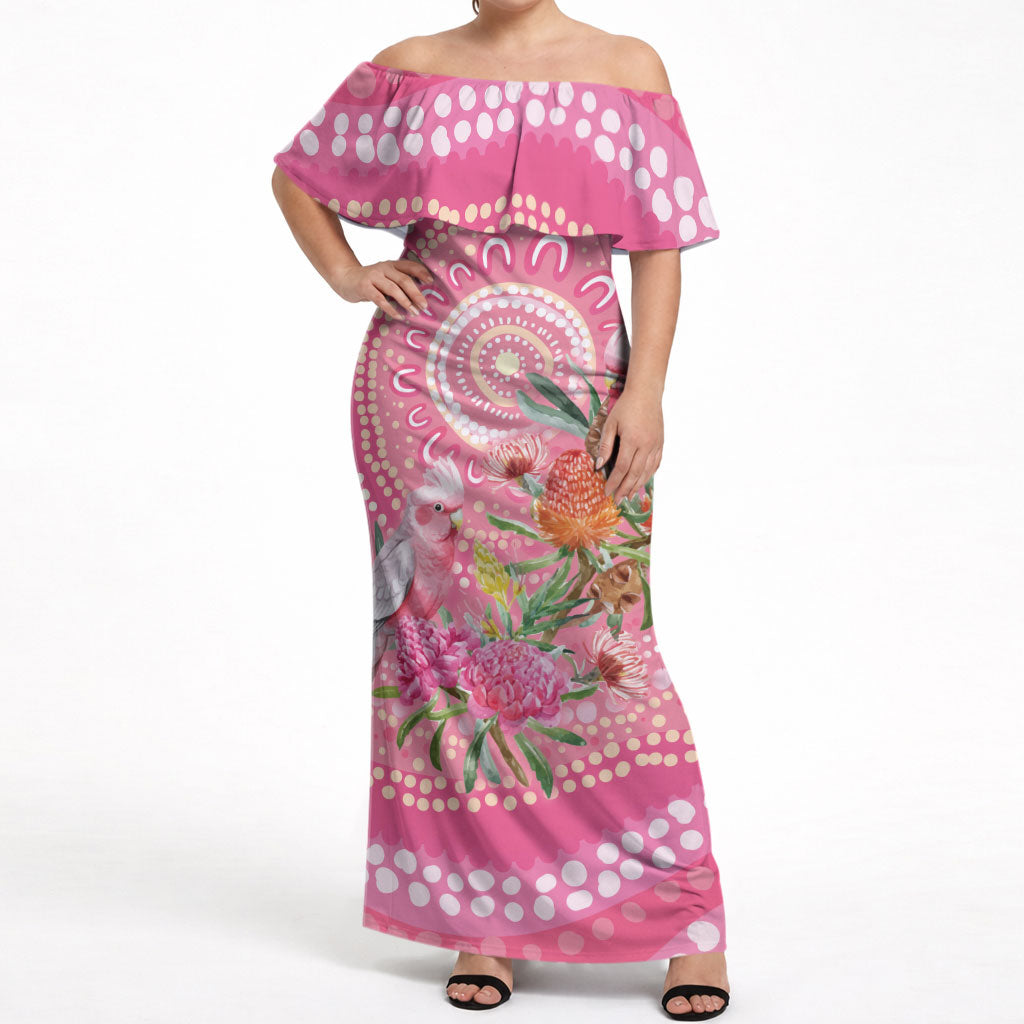 Personalized Pink Galah Aboriginal Dot Art Off Shoulder Maxi Dress Australia’s Breast Cancer Support