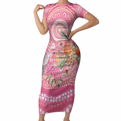 Personalized Pink Galah Aboriginal Dot Art Short Sleeve Bodycon Dress Australia’s Breast Cancer Support