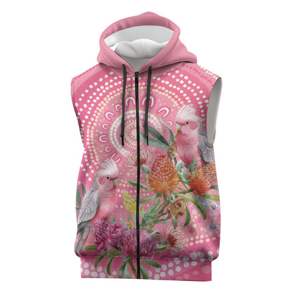 Personalized Pink Galah Aboriginal Dot Art Sleeveless Zip Hoodie Australia’s Breast Cancer Support