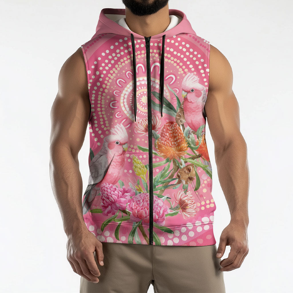 Personalized Pink Galah Aboriginal Dot Art Sleeveless Zip Hoodie Australia’s Breast Cancer Support