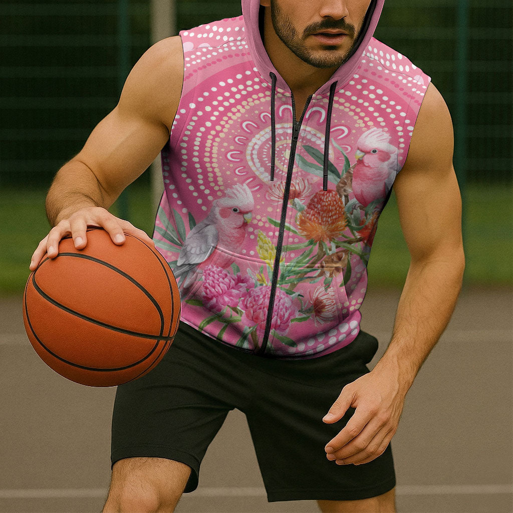 Personalized Pink Galah Aboriginal Dot Art Sleeveless Zip Hoodie Australia’s Breast Cancer Support