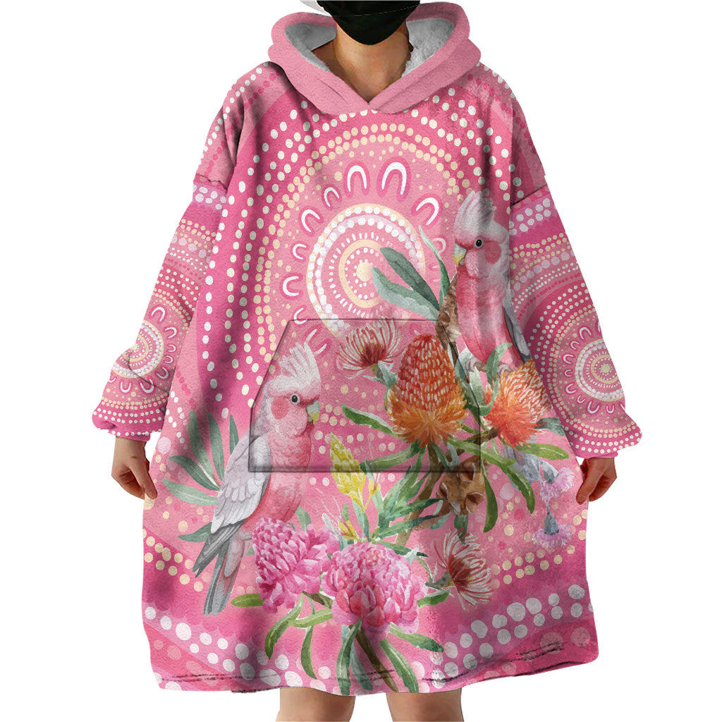 Personalized Pink Galah Aboriginal Dot Art Wearable Blanket Hoodie Australia’s Breast Cancer Support