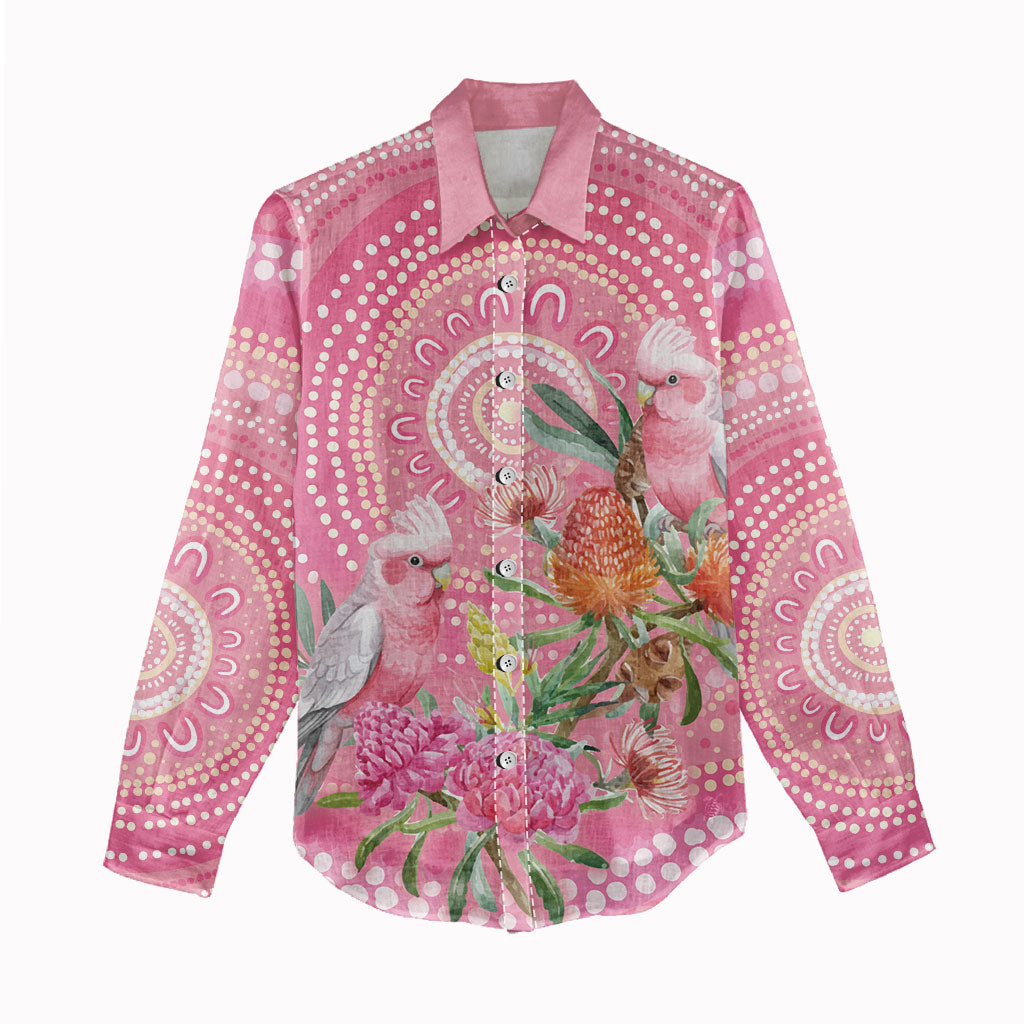 Personalized Pink Galah Aboriginal Dot Art Women Casual Shirt Australia’s Breast Cancer Support