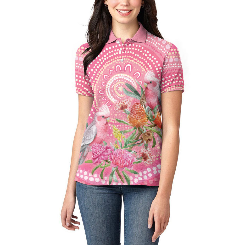 Personalized Pink Galah Aboriginal Dot Art Women Polo Shirt Australia’s Breast Cancer Support