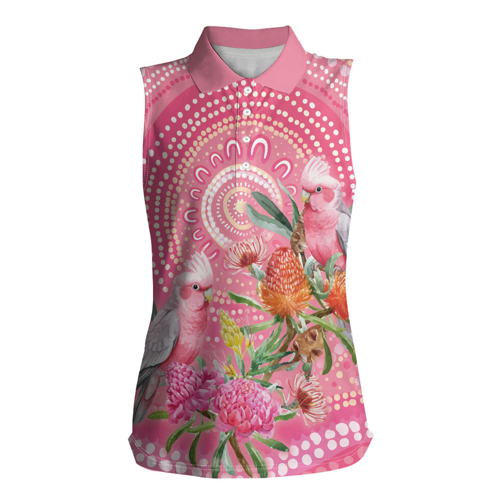 Personalized Pink Galah Aboriginal Dot Art Women Sleeveless Polo Shirt Australia’s Breast Cancer Support