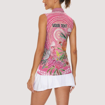 Personalized Pink Galah Aboriginal Dot Art Women Sleeveless Polo Shirt Australia’s Breast Cancer Support