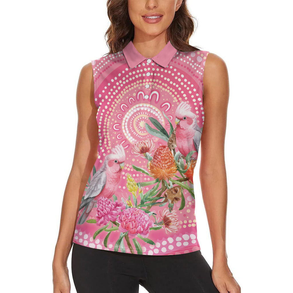 Personalized Pink Galah Aboriginal Dot Art Women Sleeveless Polo Shirt Australia’s Breast Cancer Support