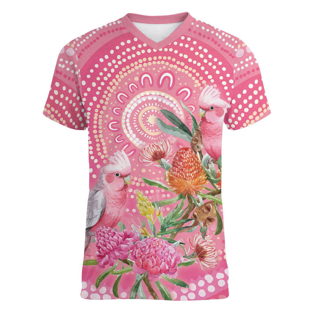 Personalized Pink Galah Aboriginal Dot Art Women V-Neck T-Shirt Australia’s Breast Cancer Support