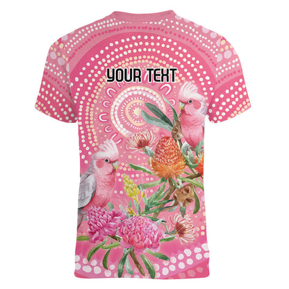 Personalized Pink Galah Aboriginal Dot Art Women V-Neck T-Shirt Australia’s Breast Cancer Support