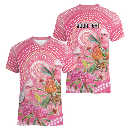 Personalized Pink Galah Aboriginal Dot Art Women V-Neck T-Shirt Australia’s Breast Cancer Support