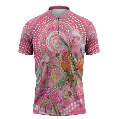 Personalized Pink Galah Aboriginal Dot Art Zipper Polo Shirt Australia’s Breast Cancer Support