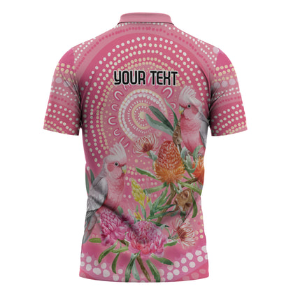 Personalized Pink Galah Aboriginal Dot Art Zipper Polo Shirt Australia’s Breast Cancer Support