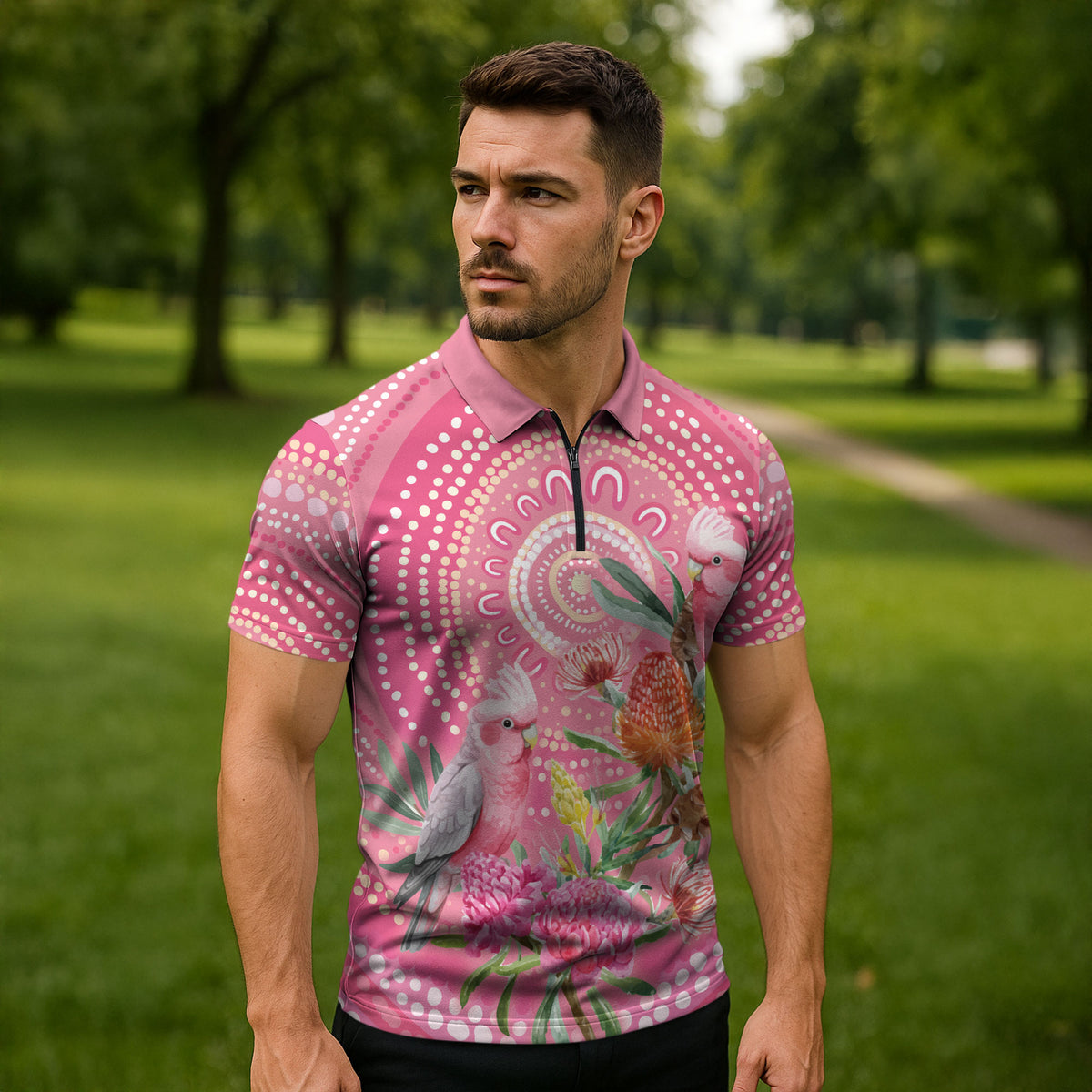 Personalized Pink Galah Aboriginal Dot Art Zipper Polo Shirt Australia’s Breast Cancer Support