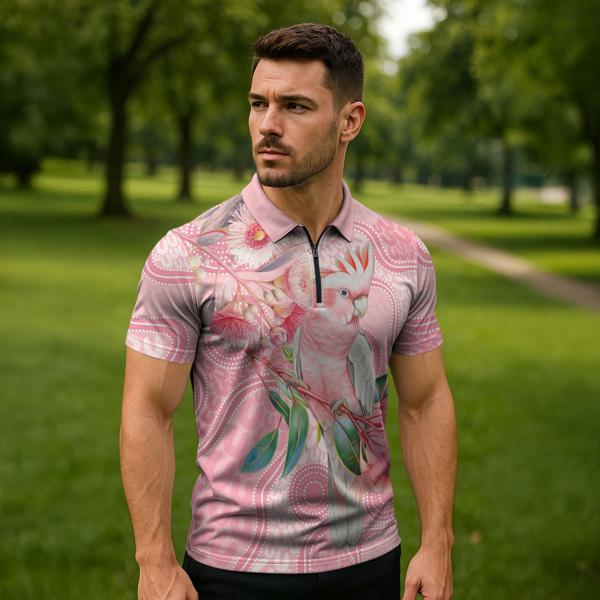 Personalized Pink Galah Fight for Hope and Healing Zipper Polo Shirt Australia’s Breast Cancer Support