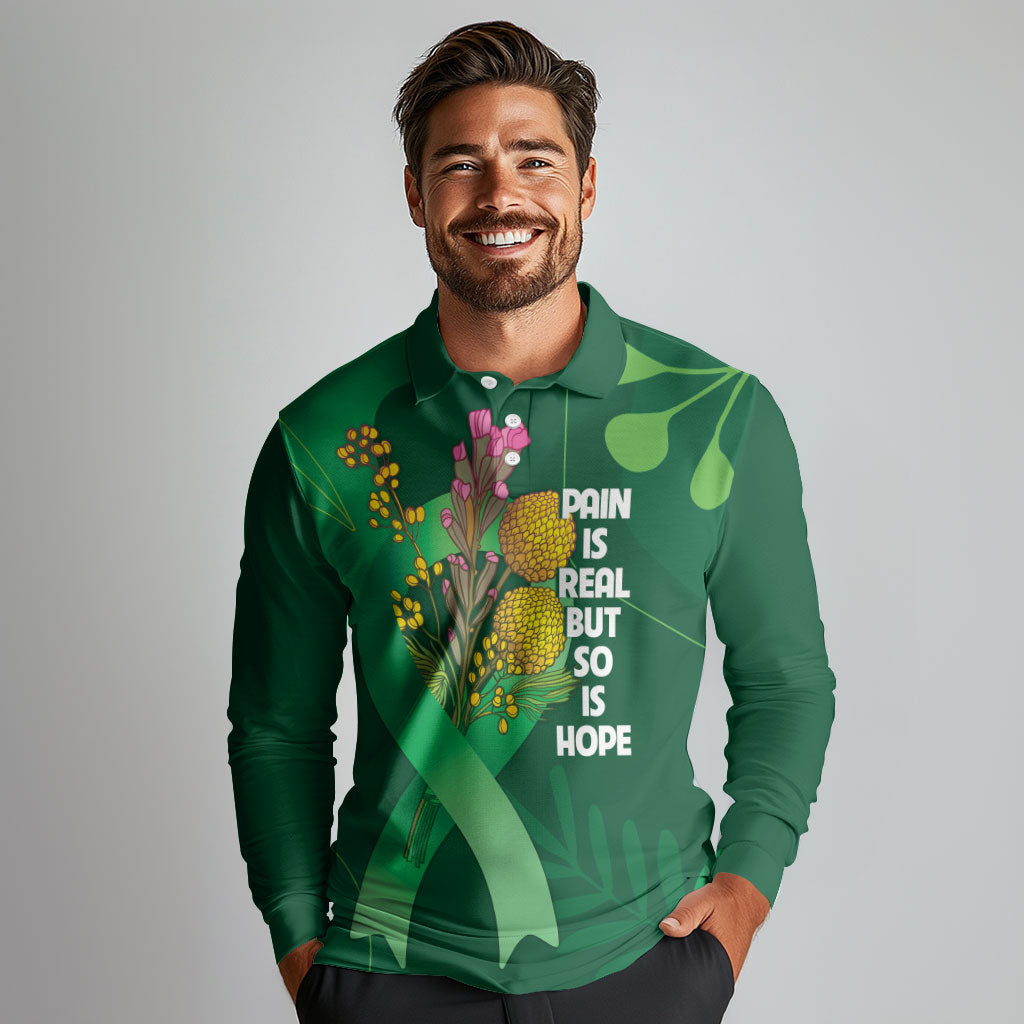 Australia Mental Health Personalised Long Sleeve Polo Shirt Pain Real But So Is Hope