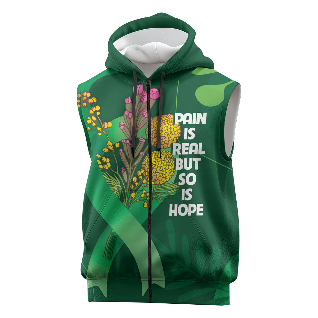 Australia Mental Health Personalised Sleeveless Zip Hoodie Pain Real But So Is Hope