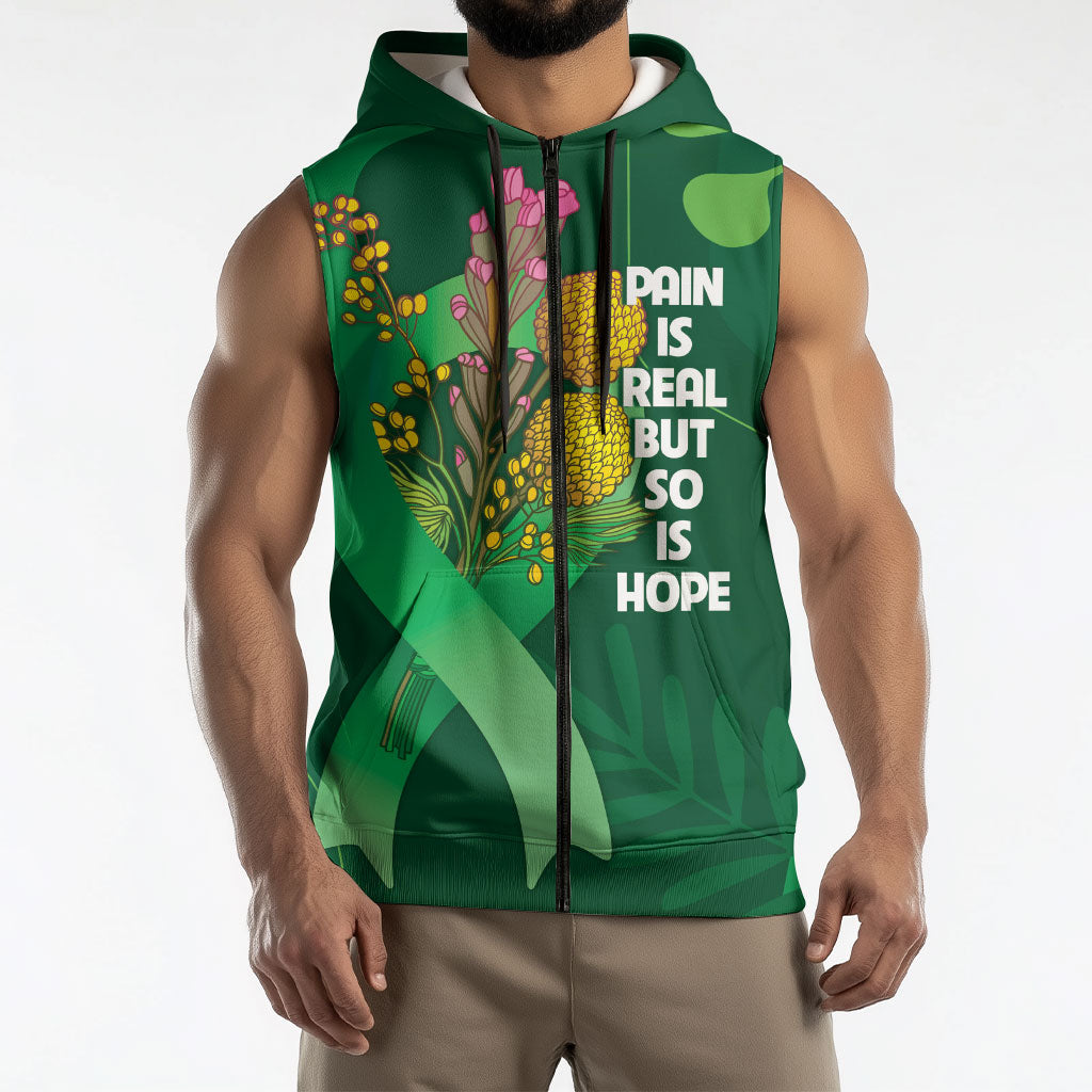 Australia Mental Health Personalised Sleeveless Zip Hoodie Pain Real But So Is Hope