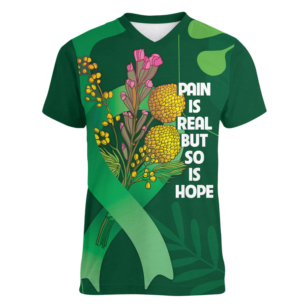 Australia Mental Health Personalised Women V-Neck T-Shirt Pain Real But So Is Hope