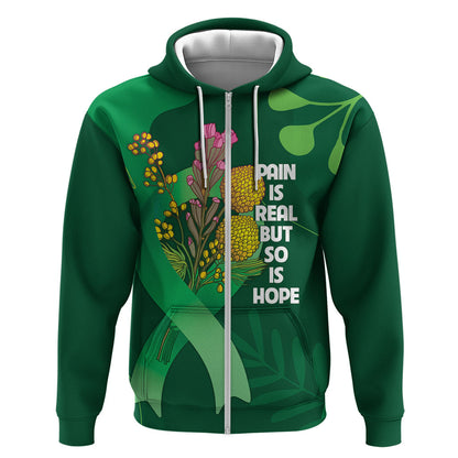 Australia Mental Health Personalised Zip Hoodie Pain Real But So Is Hope