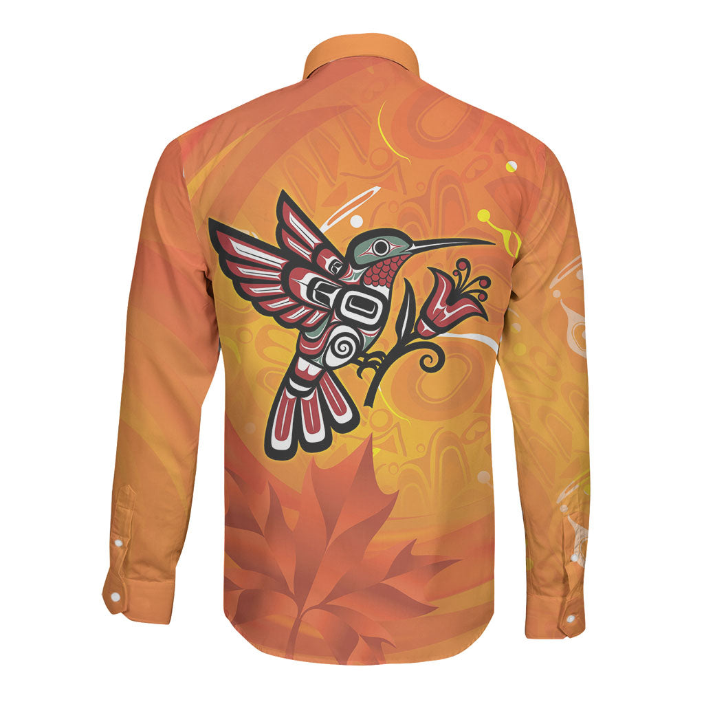 Indigenous Orange Day All Children Matters Support Long Sleeve Button Shirt Canadian Haida Hummingbird