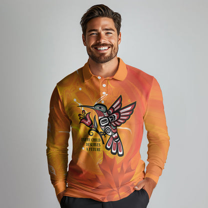 Indigenous Orange Day All Children Matters Support Long Sleeve Polo Shirt Canadian Haida Hummingbird