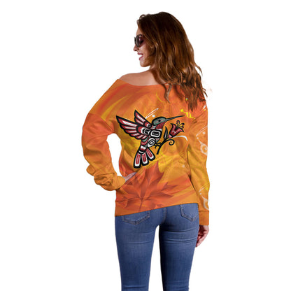 Indigenous Orange Day All Children Matters Support Off Shoulder Sweater Canadian Haida Hummingbird