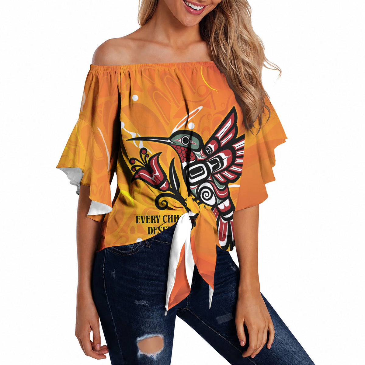 Indigenous Orange Day All Children Matters Support Off Shoulder Wrap Waist Top Canadian Haida Hummingbird