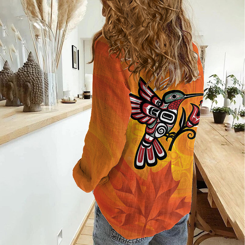 Indigenous Orange Day All Children Matters Support Women Casual Shirt Canadian Haida Hummingbird