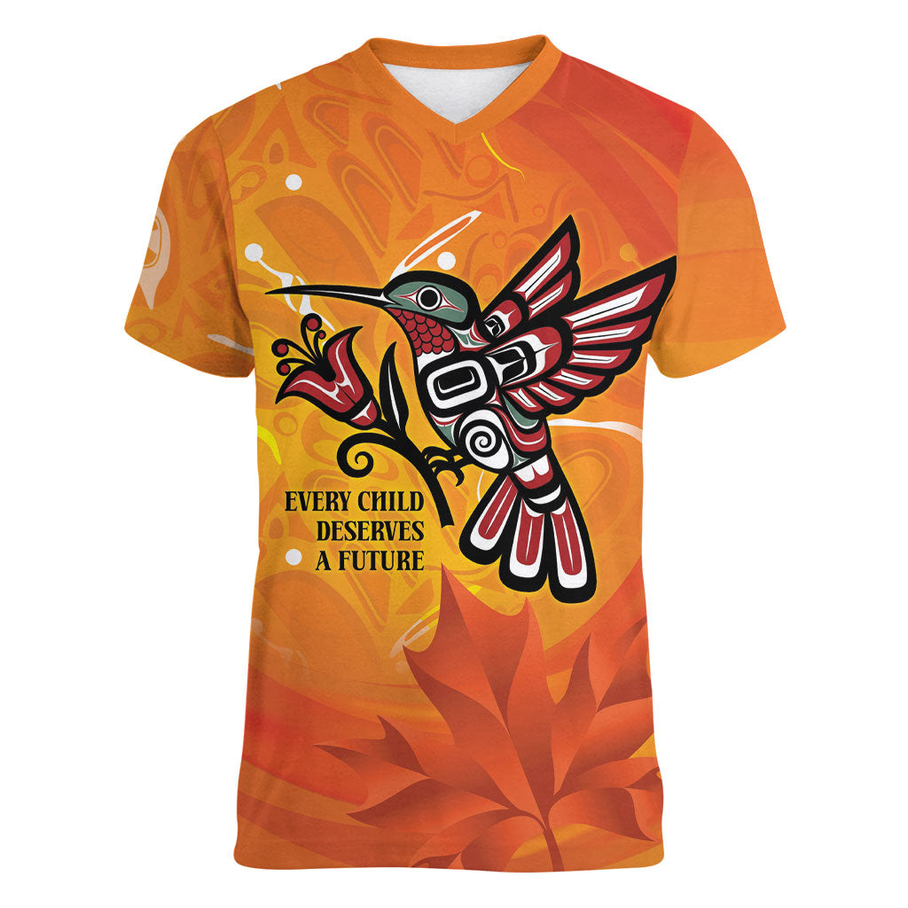 Indigenous Orange Day All Children Matters Support Women V-Neck T-Shirt Canadian Haida Hummingbird