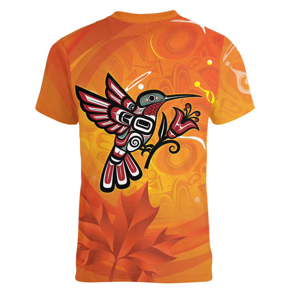 Indigenous Orange Day All Children Matters Support Women V-Neck T-Shirt Canadian Haida Hummingbird