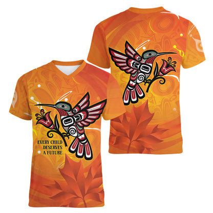 Indigenous Orange Day All Children Matters Support Women V-Neck T-Shirt Canadian Haida Hummingbird
