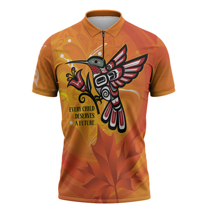 Indigenous Orange Day All Children Matters Support Zipper Polo Shirt Canadian Haida Hummingbird