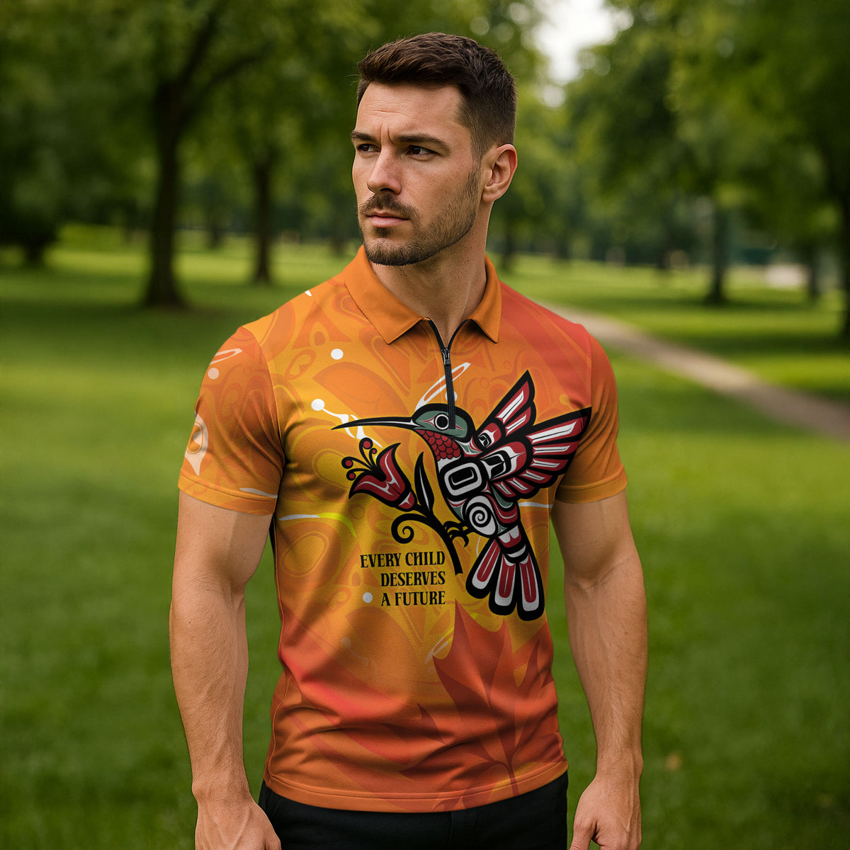 Indigenous Orange Day All Children Matters Support Zipper Polo Shirt Canadian Haida Hummingbird