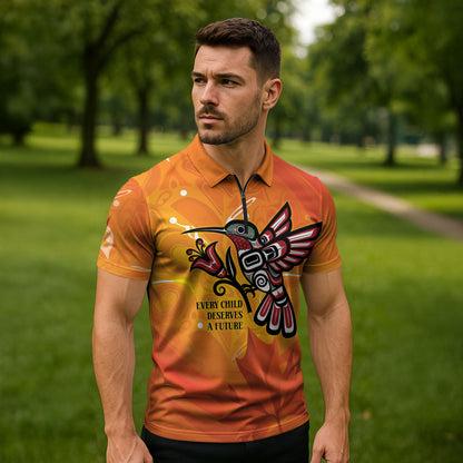 Indigenous Orange Day All Children Matters Support Zipper Polo Shirt Canadian Haida Hummingbird