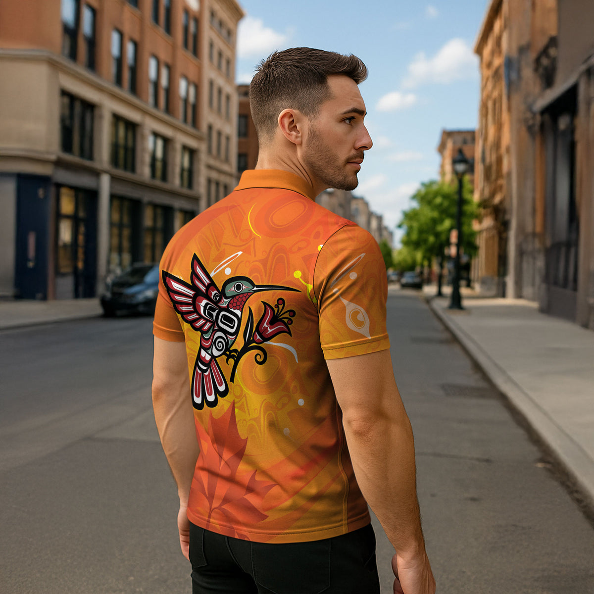 Indigenous Orange Day All Children Matters Support Zipper Polo Shirt Canadian Haida Hummingbird
